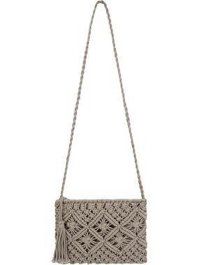 Women's Grey Crochet Shoulder Bag Handmade Woven Beach with Tassel for Summer